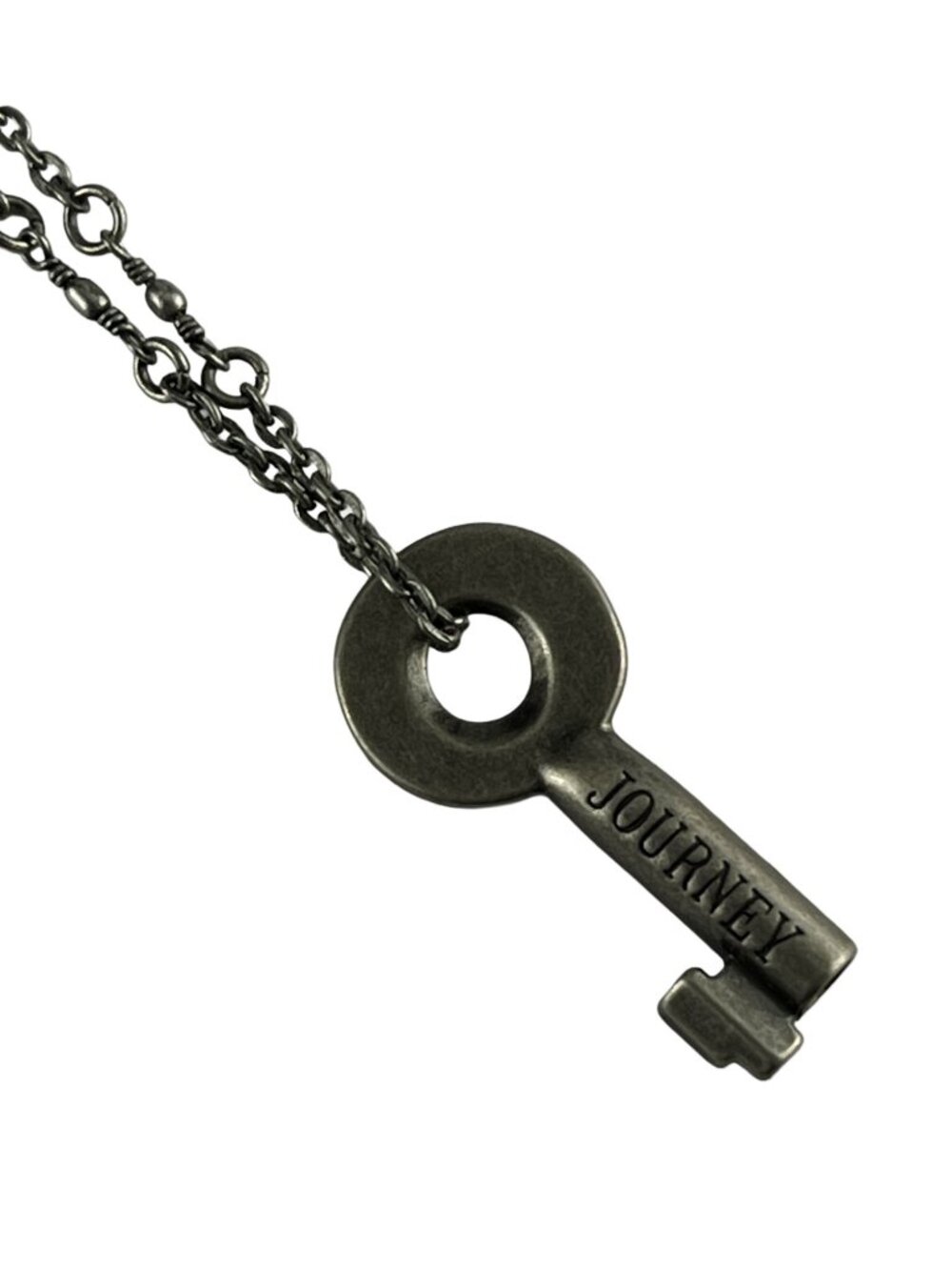 "JOURNEY" Engraved Vintage Style Key Pendant Necklace — Antiqued Gunmetal